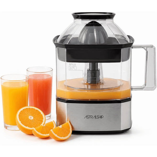 Astralship Citrus Juicer Machine Electric Orange & Lemon Squeezer with Stainless Steel Base, 24oz Pitcher, Pressure-Activated, 2 Cones & Pulp Filter for Orange, Lemon, Grapefruit Juice